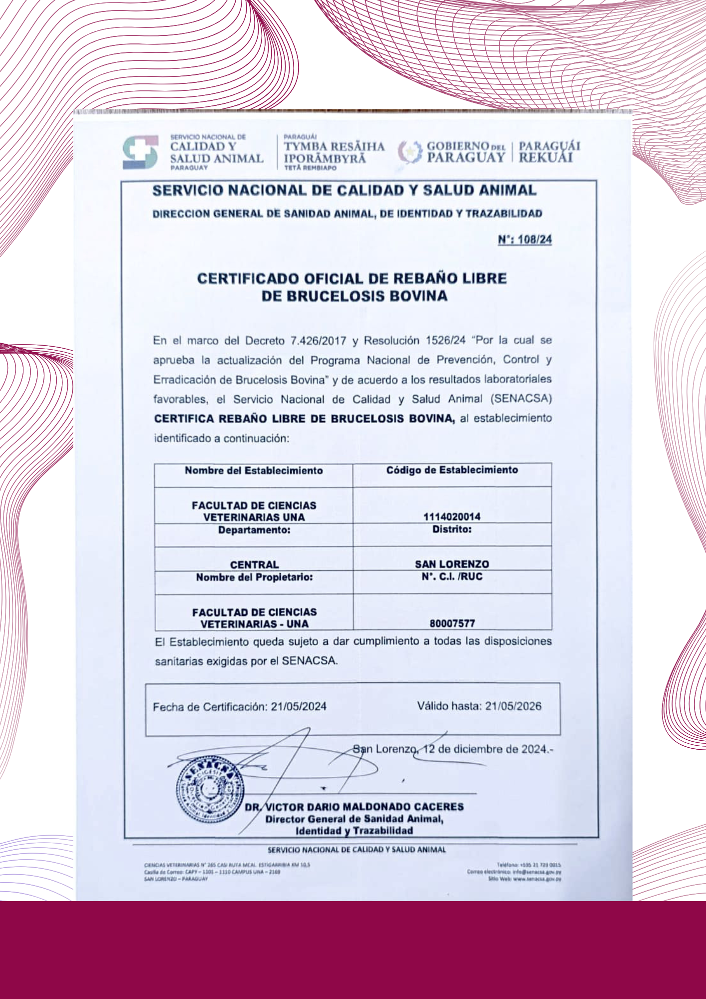 SENACSA CERTIFICA REBAÑO LIBRE DE BRUCELOSIS BOVINA AL TAMBO DE LA FCV UNA